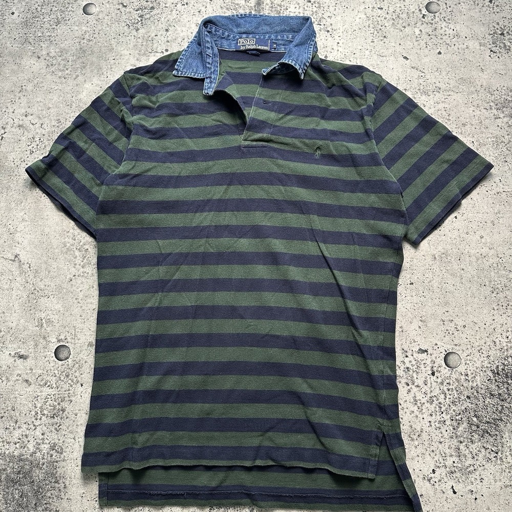 Vintage Polo Ralph Lauren Striped Polo Denim Collar Size Medium Green Blue